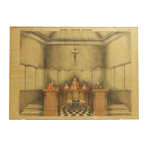 Dibujo de una vista grabada representando a la mesa de los jueces durante la celebración de un proceso judicial